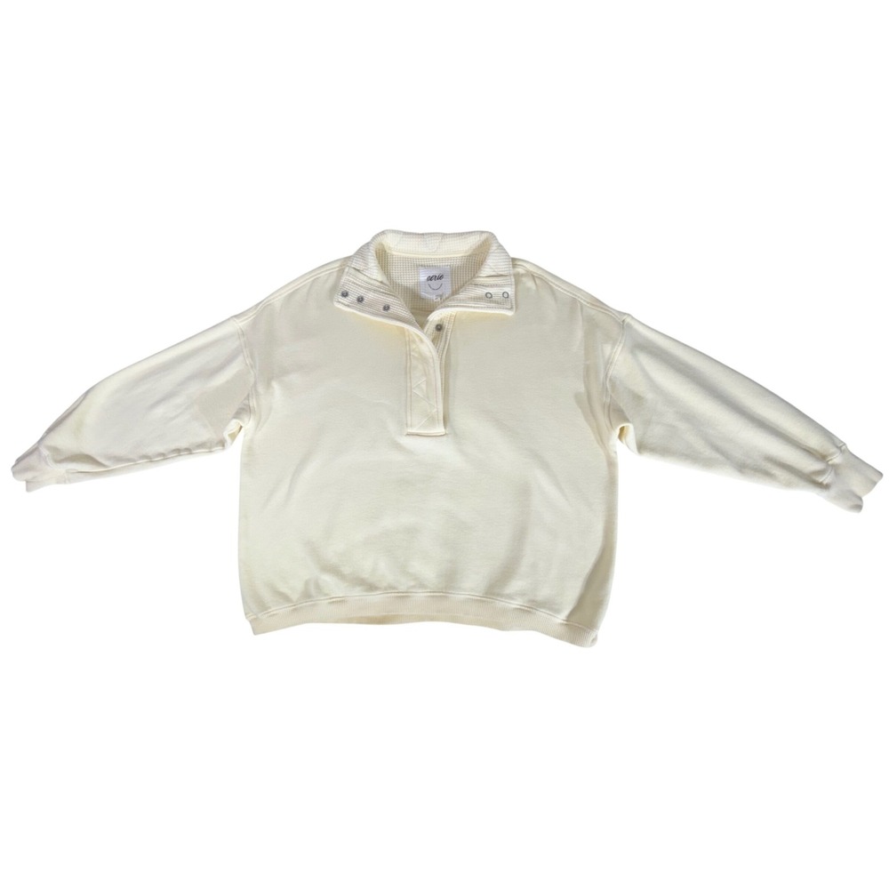 Aerie Sweatshirt Medium Butter Pastel Yellow Quarter Snap Mock Neck Oversized - Picture 5 of 7